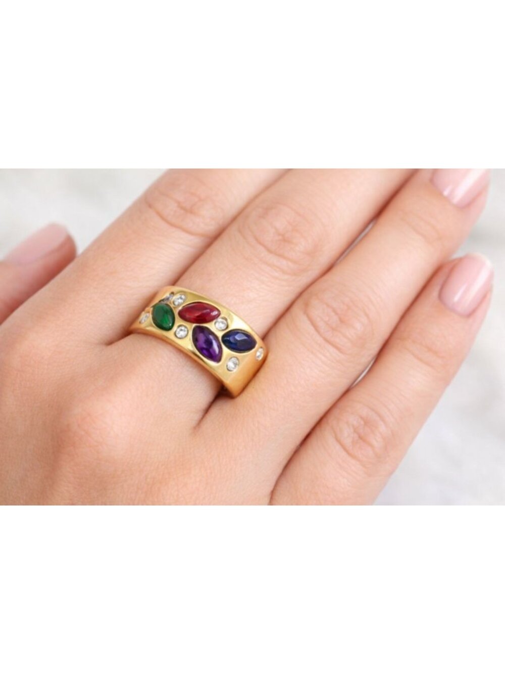 Multi-Color Gemstone Ring Rhinestone Birthstones Gold Tone Wide Band Sz 5.5 Vtg